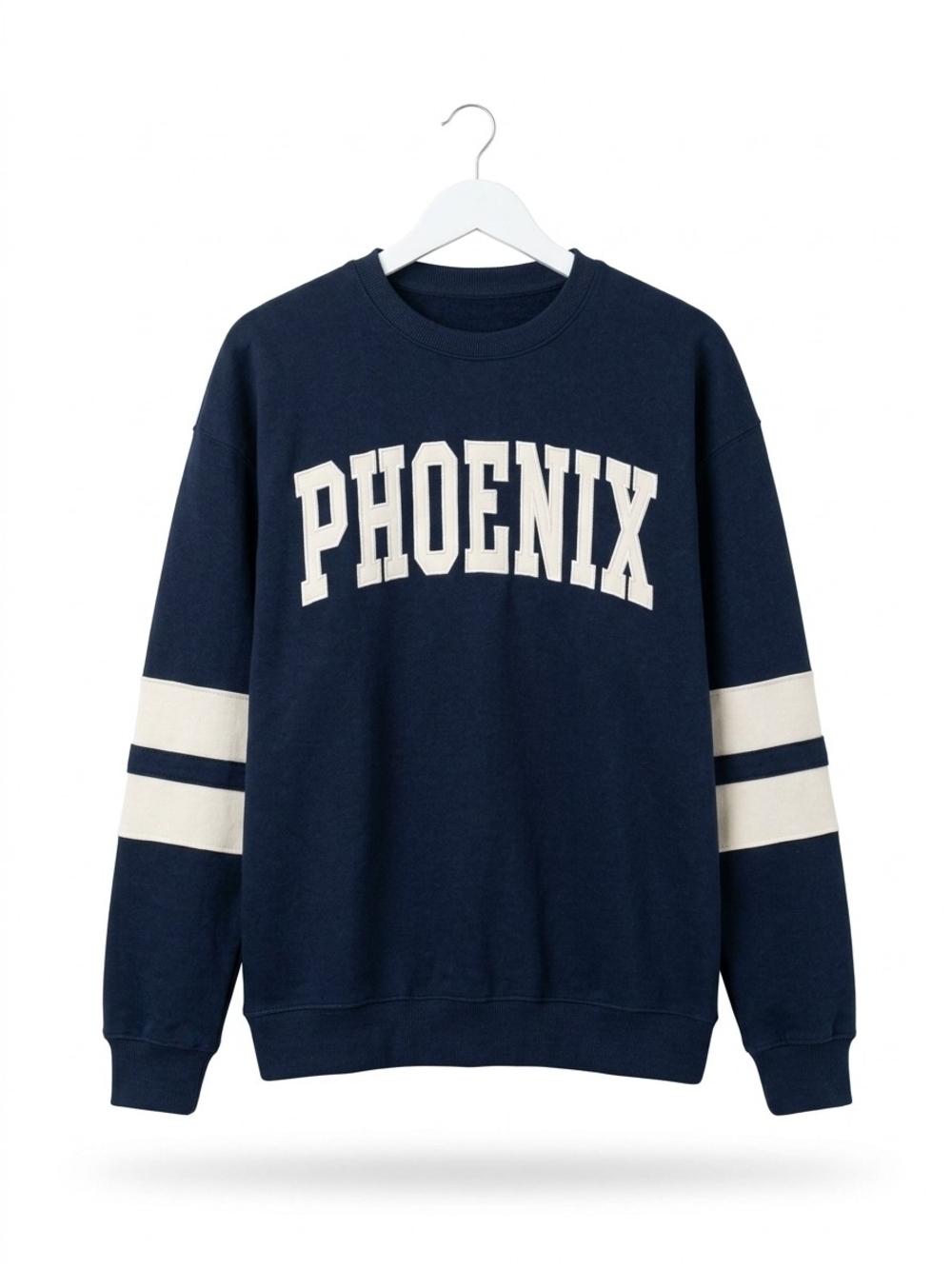Phoenix Navy Crewneck Sweatshirt with Cream Sleeve Stripes